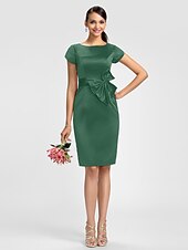 cheap Bridesmaid Dresses-Sheath / Column Bridesmaid Dress Jewel Neck Short Sleeve Knee Length Satin with Sash / Ribbon / Bow(s)
