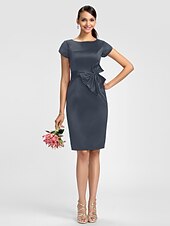cheap Bridesmaid Dresses-Sheath / Column Bridesmaid Dress Jewel Neck Short Sleeve Knee Length Satin with Sash / Ribbon / Bow(s)