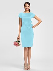 cheap Bridesmaid Dresses-Sheath / Column Bridesmaid Dress Jewel Neck Short Sleeve Knee Length Satin with Sash / Ribbon / Bow(s)