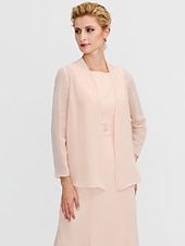 voordelige Met Jas-Strand Bruiloft Twee Delige Sheath Moeder van de Bruid Jurk Bruids Gast Elegante Plus Size Edelsteenhals Thee Lengte Chiffon Mouwloos Wrap Inbegrepen met Ceintuur  Riem Plooien Beading 2025