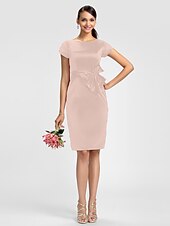 cheap Bridesmaid Dresses-Sheath / Column Bridesmaid Dress Jewel Neck Short Sleeve Knee Length Satin with Sash / Ribbon / Bow(s)