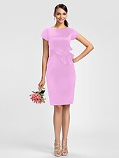 cheap Bridesmaid Dresses-Sheath / Column Bridesmaid Dress Jewel Neck Short Sleeve Knee Length Satin with Sash / Ribbon / Bow(s)