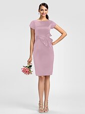 cheap Bridesmaid Dresses-Sheath / Column Bridesmaid Dress Jewel Neck Short Sleeve Knee Length Satin with Sash / Ribbon / Bow(s)