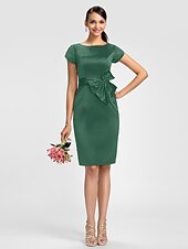 cheap Bridesmaid Dresses-Sheath / Column Bridesmaid Dress Jewel Neck Short Sleeve Knee Length Satin with Sash / Ribbon / Bow(s)