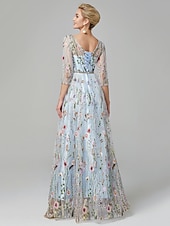 economico FLORALI-Matrimonio in Spiaggia Abito da Sera A-Line Elegante Vestito Ospite di Matrimonio Lunghezza A Terra Manica 3/4 Collo Illusione Pizzo con Ricamo 2025