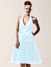 cheap Weddings &amp; Events-A-Line Bridesmaid Dress Halter Neck / V Neck Sleeveless Sexy Knee Length Chiffon with Sash / Ribbon / Bow(s) 2022