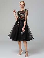 billiga Balklänningar-a-line svart klänning vintage bröllop gäst cocktail party knälång lång ärm illusion hals onsdag addams familjen tyll med broderi applikationer 2024