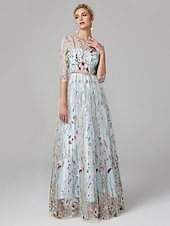economico FLORALI-Matrimonio in Spiaggia Abito da Sera A-Line Elegante Vestito Ospite di Matrimonio Lunghezza A Terra Manica 3/4 Collo Illusione Pizzo con Ricamo 2025