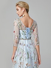 economico FLORALI-Matrimonio in Spiaggia Abito da Sera A-Line Elegante Vestito Ospite di Matrimonio Lunghezza A Terra Manica 3/4 Collo Illusione Pizzo con Ricamo 2025