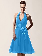 cheap Weddings &amp; Events-A-Line Bridesmaid Dress Halter Neck / V Neck Sleeveless Sexy Knee Length Chiffon with Sash / Ribbon / Bow(s) 2022