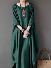 abordables Robes-Femmes Noir Blanche Rouge Été Printemps Automne Robe Maxi Robes inspirées du lin Robe Blanche Robe Décontractée Basique Occasionnel Quotidien Fête Coupe Ample Couleur Unie Col Bateau