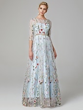 economico FLORALI-Matrimonio in Spiaggia Abito da Sera A-Line Elegante Vestito Ospite di Matrimonio Lunghezza A Terra Manica 3/4 Collo Illusione Pizzo con Ricamo 2025