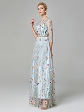 economico FLORALI-Matrimonio in Spiaggia Abito da Sera A-Line Elegante Vestito Ospite di Matrimonio Lunghezza A Terra Manica 3/4 Collo Illusione Pizzo con Ricamo 2025