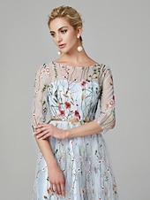economico FLORALI-Matrimonio in Spiaggia Abito da Sera A-Line Elegante Vestito Ospite di Matrimonio Lunghezza A Terra Manica 3/4 Collo Illusione Pizzo con Ricamo 2025