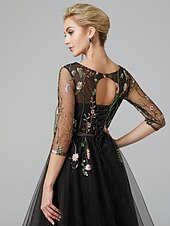 billiga Balklänningar-a-line svart klänning vintage bröllop gäst cocktail party knälång lång ärm illusion hals onsdag addams familjen tyll med broderi applikationer 2024
