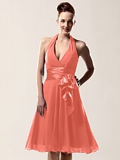 cheap Weddings &amp; Events-A-Line Bridesmaid Dress Halter Neck / V Neck Sleeveless Sexy Knee Length Chiffon with Sash / Ribbon / Bow(s) 2022