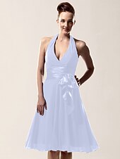 cheap Weddings &amp; Events-A-Line Bridesmaid Dress Halter Neck / V Neck Sleeveless Sexy Knee Length Chiffon with Sash / Ribbon / Bow(s) 2022