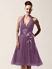 cheap Weddings &amp; Events-A-Line Bridesmaid Dress Halter Neck / V Neck Sleeveless Sexy Knee Length Chiffon with Sash / Ribbon / Bow(s) 2022