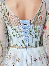 economico FLORALI-Matrimonio in Spiaggia Abito da Sera A-Line Elegante Vestito Ospite di Matrimonio Lunghezza A Terra Manica 3/4 Collo Illusione Pizzo con Ricamo 2025