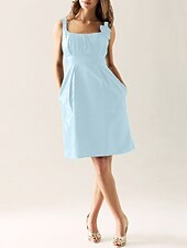 cheap Bridesmaid Dresses-Sheath / Column Scoop Neck Knee Length Taffeta Bridesmaid Dress with Draping / Flower / Pocket