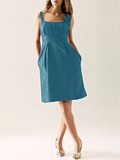 cheap Bridesmaid Dresses-Sheath / Column Scoop Neck Knee Length Taffeta Bridesmaid Dress with Draping / Flower / Pocket