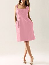 cheap Bridesmaid Dresses-Sheath / Column Scoop Neck Knee Length Taffeta Bridesmaid Dress with Draping / Flower / Pocket