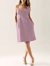 cheap Bridesmaid Dresses-Sheath / Column Scoop Neck Knee Length Taffeta Bridesmaid Dress with Draping / Flower / Pocket