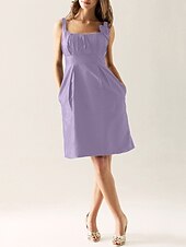 cheap Bridesmaid Dresses-Sheath / Column Scoop Neck Knee Length Taffeta Bridesmaid Dress with Draping / Flower / Pocket