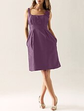 cheap Bridesmaid Dresses-Sheath / Column Scoop Neck Knee Length Taffeta Bridesmaid Dress with Draping / Flower / Pocket