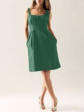 cheap Bridesmaid Dresses-Sheath / Column Scoop Neck Knee Length Taffeta Bridesmaid Dress with Draping / Flower / Pocket