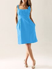 cheap Bridesmaid Dresses-Sheath / Column Scoop Neck Knee Length Taffeta Bridesmaid Dress with Draping / Flower / Pocket