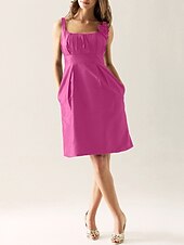 cheap Bridesmaid Dresses-Sheath / Column Scoop Neck Knee Length Taffeta Bridesmaid Dress with Draping / Flower / Pocket