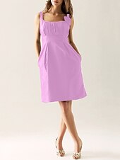 cheap Bridesmaid Dresses-Sheath / Column Scoop Neck Knee Length Taffeta Bridesmaid Dress with Draping / Flower / Pocket