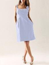 cheap Bridesmaid Dresses-Sheath / Column Scoop Neck Knee Length Taffeta Bridesmaid Dress with Draping / Flower / Pocket