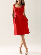 cheap Bridesmaid Dresses-Sheath / Column Scoop Neck Knee Length Taffeta Bridesmaid Dress with Draping / Flower / Pocket