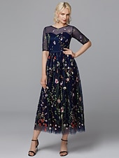 abordables Robes de bal de promo-Robe A-Line Fleurie Saint-Valentin Invité de Mariage Longueur Thé Manches Mi-Longues Illusion Col Dentelle avec Applications Brodées