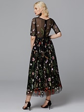 abordables Robes de bal de promo-Robe A-Line Fleurie Saint-Valentin Invité de Mariage Longueur Thé Manches Mi-Longues Illusion Col Dentelle avec Applications Brodées