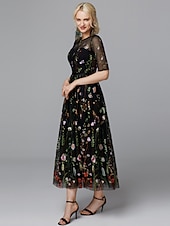 abordables Robes de bal de promo-Robe A-Line Fleurie Saint-Valentin Invité de Mariage Longueur Thé Manches Mi-Longues Illusion Col Dentelle avec Applications Brodées