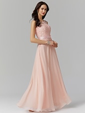 preiswerte Ballkleid-A-Linien Abendkleid elegantes Kleid Hochzeitsgast Abiball bodenlang ärmellos Illusionshals Brautjungfernkleid Georgette mit Applikationen