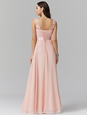 preiswerte Ballkleid-A-Linien Abendkleid elegantes Kleid Hochzeitsgast Abiball bodenlang ärmellos Illusionshals Brautjungfernkleid Georgette mit Applikationen