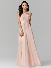preiswerte Ballkleid-A-Linien Abendkleid elegantes Kleid Hochzeitsgast Abiball bodenlang ärmellos Illusionshals Brautjungfernkleid Georgette mit Applikationen