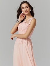 preiswerte Ballkleid-A-Linien Abendkleid elegantes Kleid Hochzeitsgast Abiball bodenlang ärmellos Illusionshals Brautjungfernkleid Georgette mit Applikationen