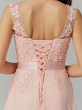 preiswerte Ballkleid-A-Linien Abendkleid elegantes Kleid Hochzeitsgast Abiball bodenlang ärmellos Illusionshals Brautjungfernkleid Georgette mit Applikationen