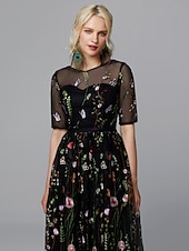 abordables Robes de bal de promo-Robe A-Line Fleurie Saint-Valentin Invité de Mariage Longueur Thé Manches Mi-Longues Illusion Col Dentelle avec Applications Brodées