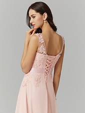 preiswerte Ballkleid-A-Linien Abendkleid elegantes Kleid Hochzeitsgast Abiball bodenlang ärmellos Illusionshals Brautjungfernkleid Georgette mit Applikationen