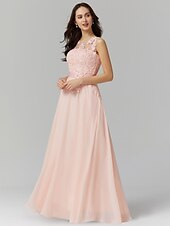 preiswerte Ballkleid-A-Linien Abendkleid elegantes Kleid Hochzeitsgast Abiball bodenlang ärmellos Illusionshals Brautjungfernkleid Georgette mit Applikationen