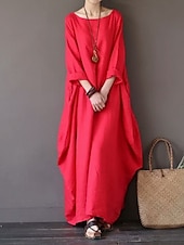 abordables Robes-Femmes Noir Blanche Rouge Été Printemps Automne Robe Maxi Robes inspirées du lin Robe Blanche Robe Décontractée Basique Occasionnel Quotidien Fête Coupe Ample Couleur Unie Col Bateau
