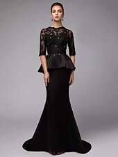 Mermaid / Trumpet Mother of the Bride Dress Sexy See Through Jewel Neck Sweep / Brush Train Satin Lace Half Sleeve with Beading Appliques Elegant