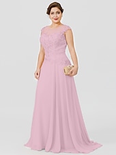 preiswerte Bodenlänge-A-Linie Mutter der Braut Kleid Hochzeitsgast Elegant Plus Size Illusionshals Sweep  Brush Zug Chiffon Perlenbesetzte Spitze Kurze Ärmel ohne Schleife(n) Falten 2025 kostenlose Maßanfertigung