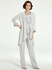 levne Máminy kalhotové kostýmy-Jumpsuit  kalhotový kostým 3 dílný matky nevěsty formální svatební host elegantní plus size bateau výstřih podlahová délka šifon krajka bez rukávů s volány volná velikost na míru